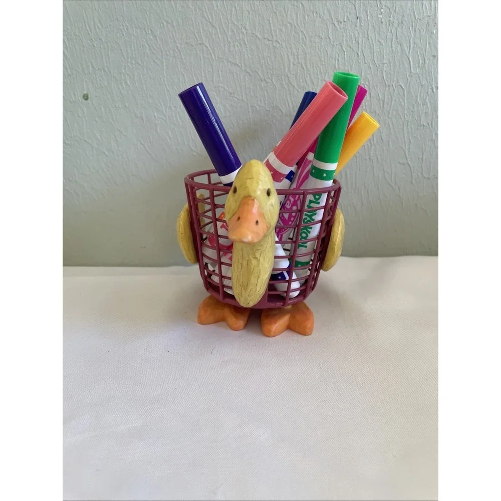 Vintage RUSS Berrie Duck Wire Basket Plant Pen Holder Hand Painted  Kids‎ Desk
